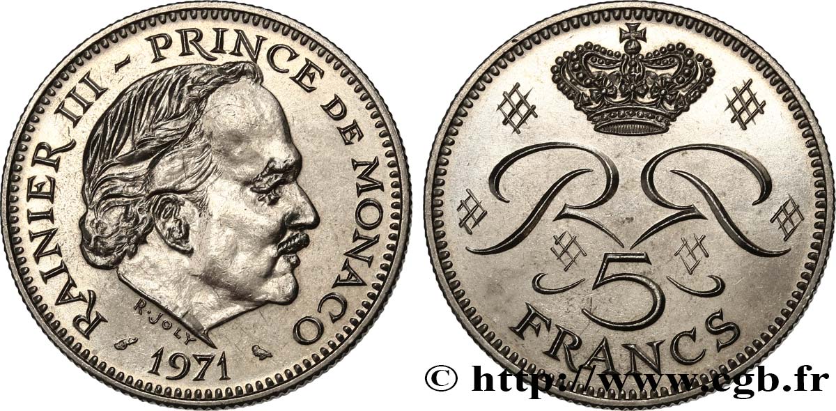 MONACO 5 Francs Rainier III 1971 Paris MS 