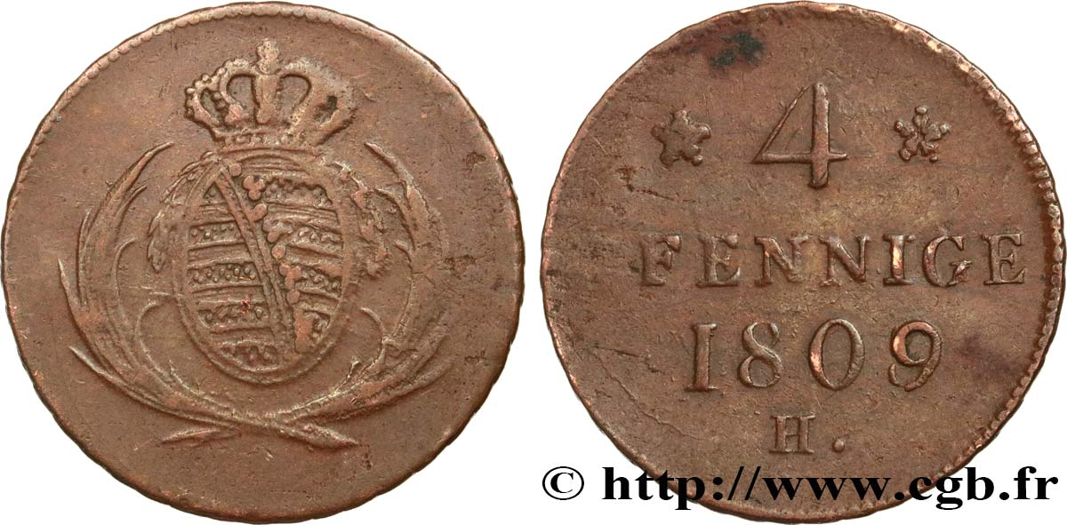 GERMANIA - SASSONIA 4 Pfennige Royaume de Saxe armes couronnées 1809 Dresde q.BB 