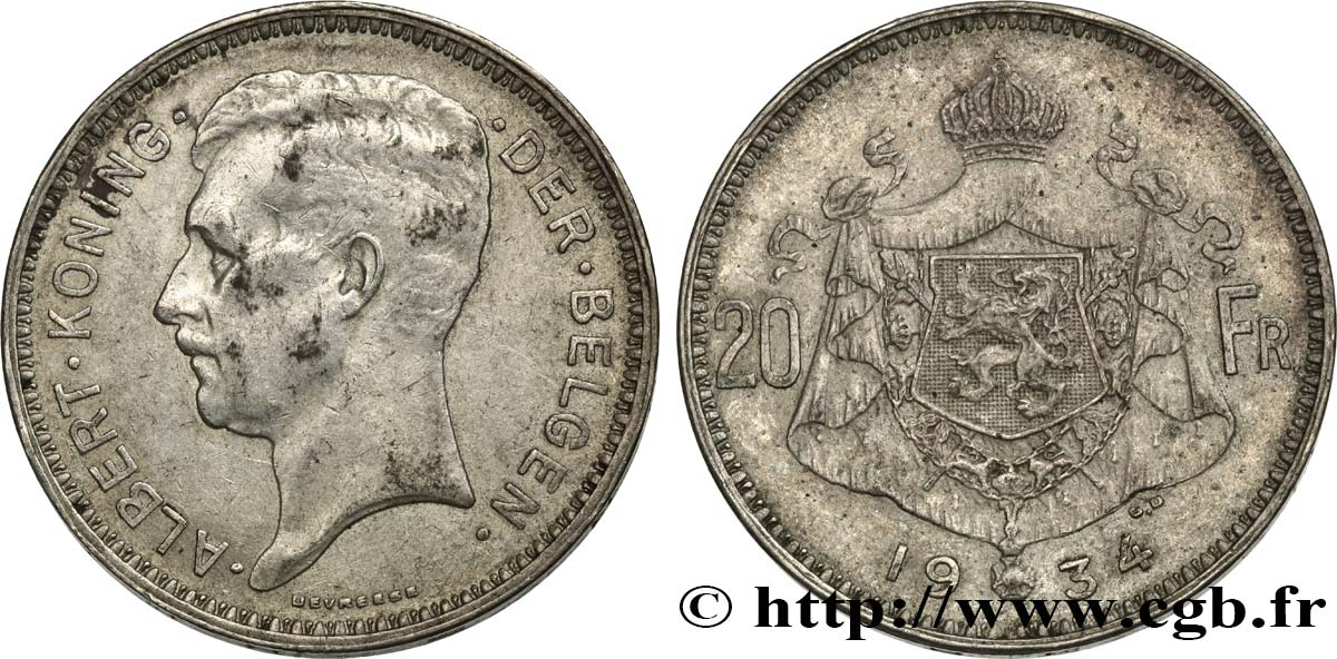 BÉLGICA 20 Francs Albert Ier légende Flamande position B 1934  BC 