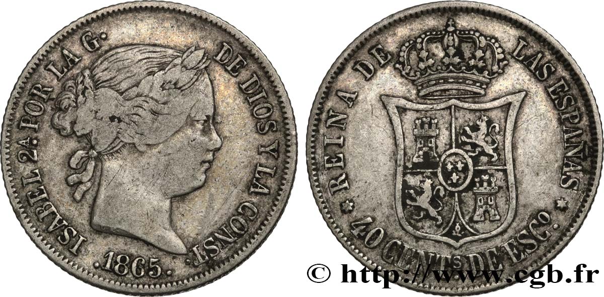 ESPAGNE 40 Centimos Isabelle II  1865 Madrid TTB 