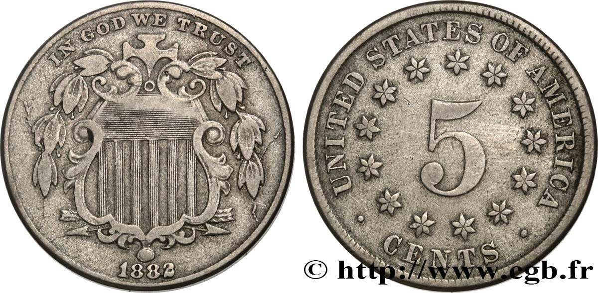 UNITED STATES OF AMERICA 5 Cents au bouclier 1882 Philadelphie VF 