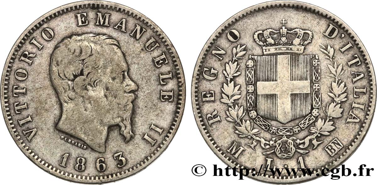 ITALIA 1 Lira Victor Emmanuel II 1863 Milan MB 