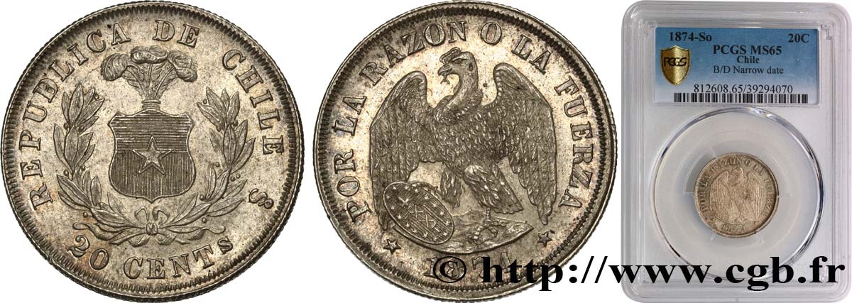 CHILI - RÉPUBLIQUE 20 Centavos 1874 Santiago MS65 PCGS