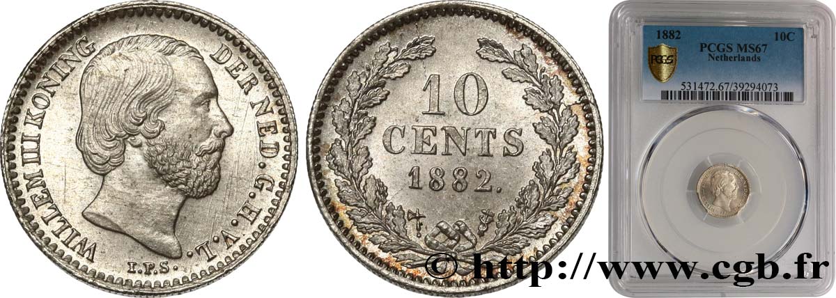 NETHERLANDS 10 Cents Guillaume III 1882 Utrecht MS67 PCGS