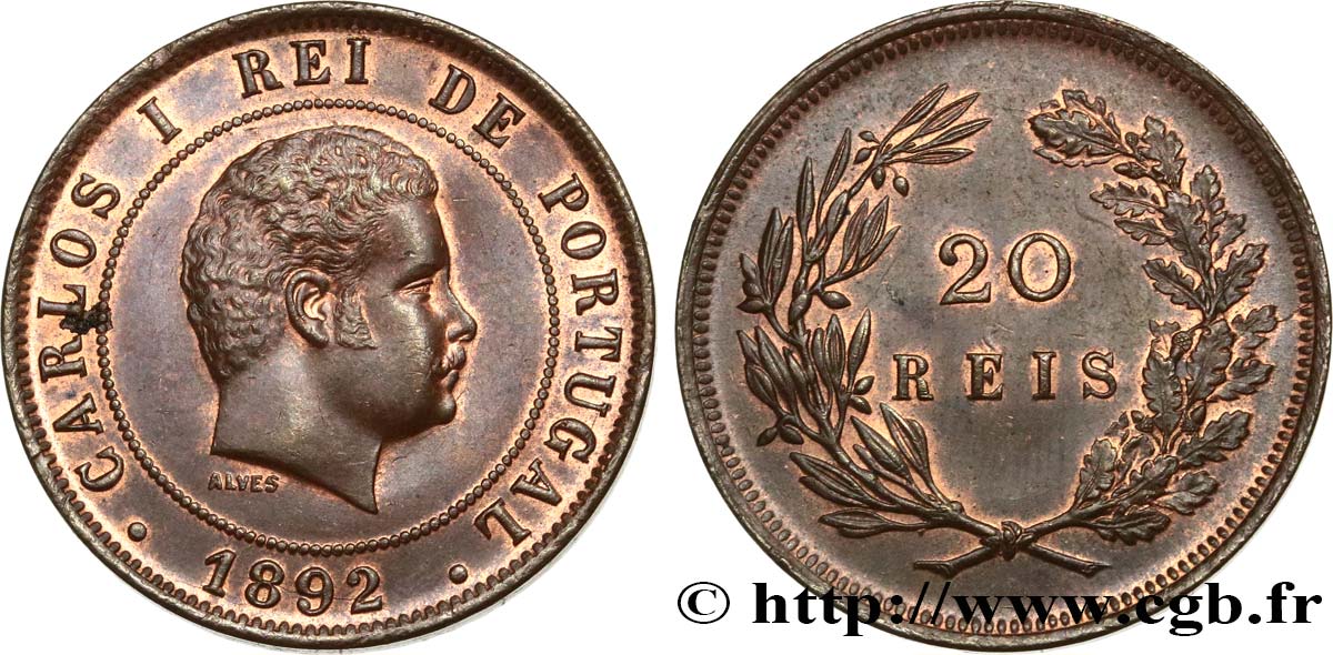 PORTUGAL - ROYAUME DU PORTUGAL - CHARLES Ier 20 Réis  1892  SPL 