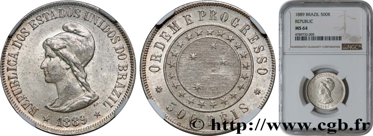 BRASILE 500 Reis République 1889  MS64 NGC