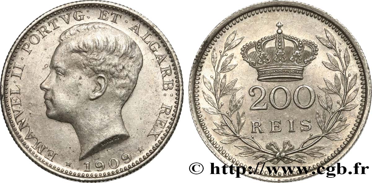 PORTUGAL 200 Reis Emmanuel II 1909  SUP 