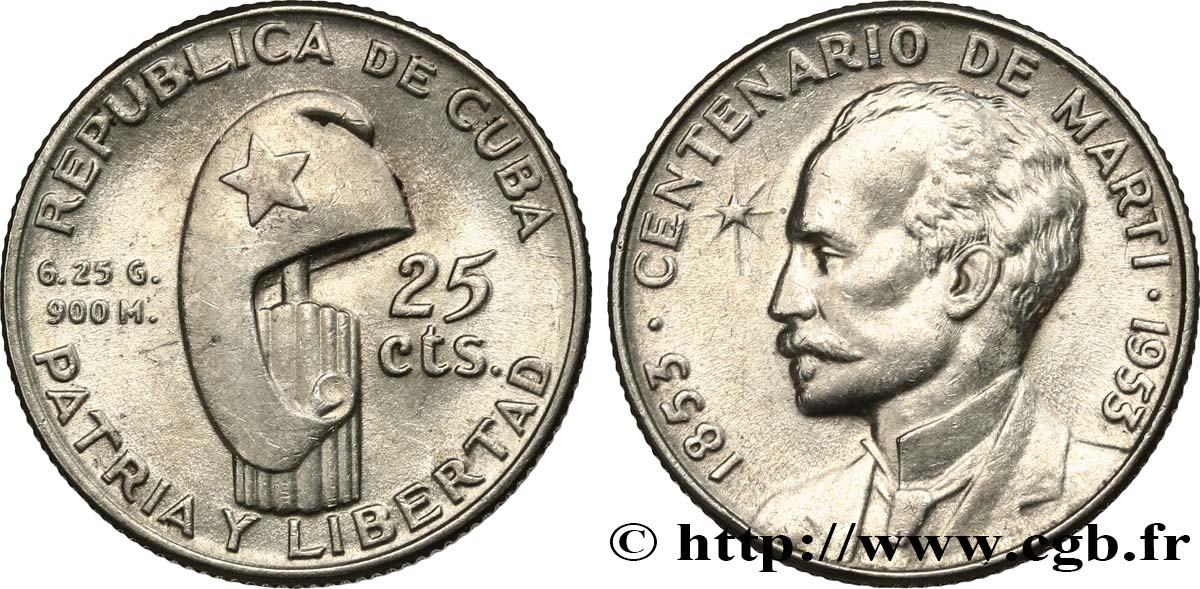 CUBA 25 Centavos centenaire naissance de José Marti 1953  AU 