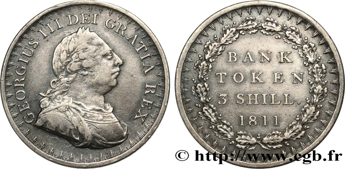 ROYAUME-UNI 3 Shillings Georges III Bank token 1811  TB+ 