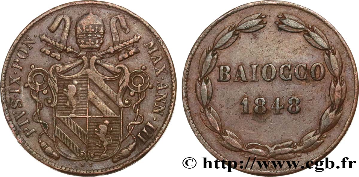 VATICAN AND PAPAL STATES 1 Baiocco Pie IX an III 1848 Rome XF 