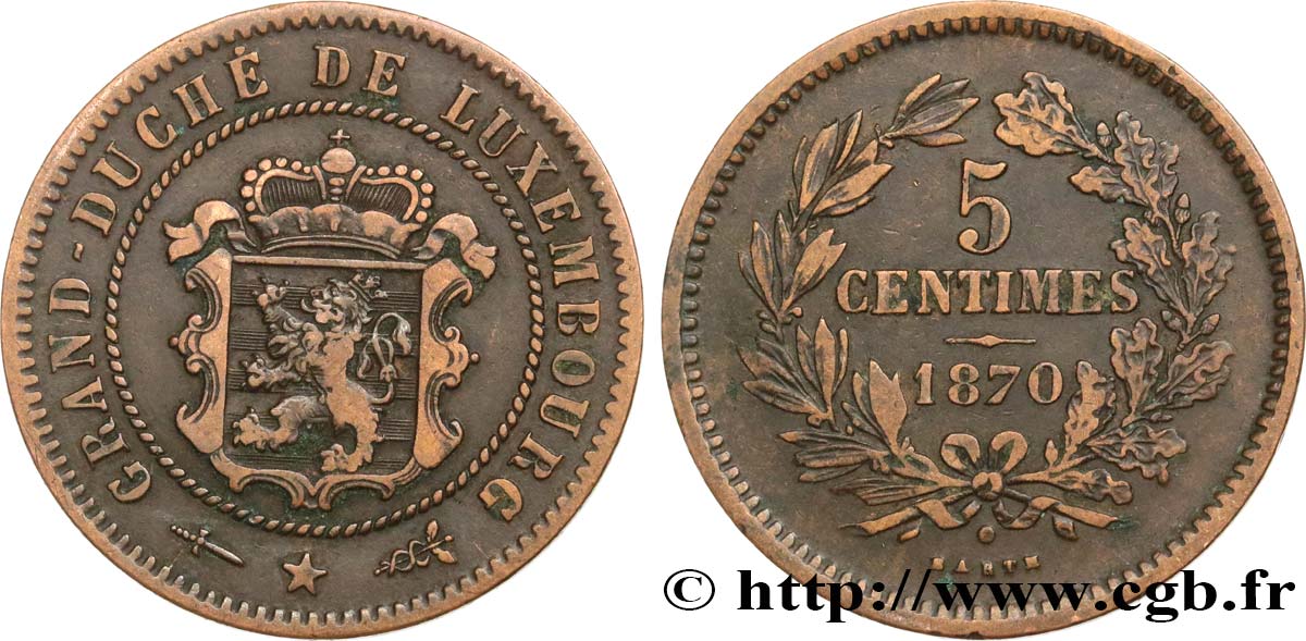 LUXEMBURGO 5 Centimes écu couronné 1870 Utrecht MBC 