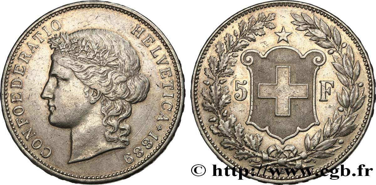 SUISSE 5 Francs Helvetia buste 1889 Berne TTB+ 