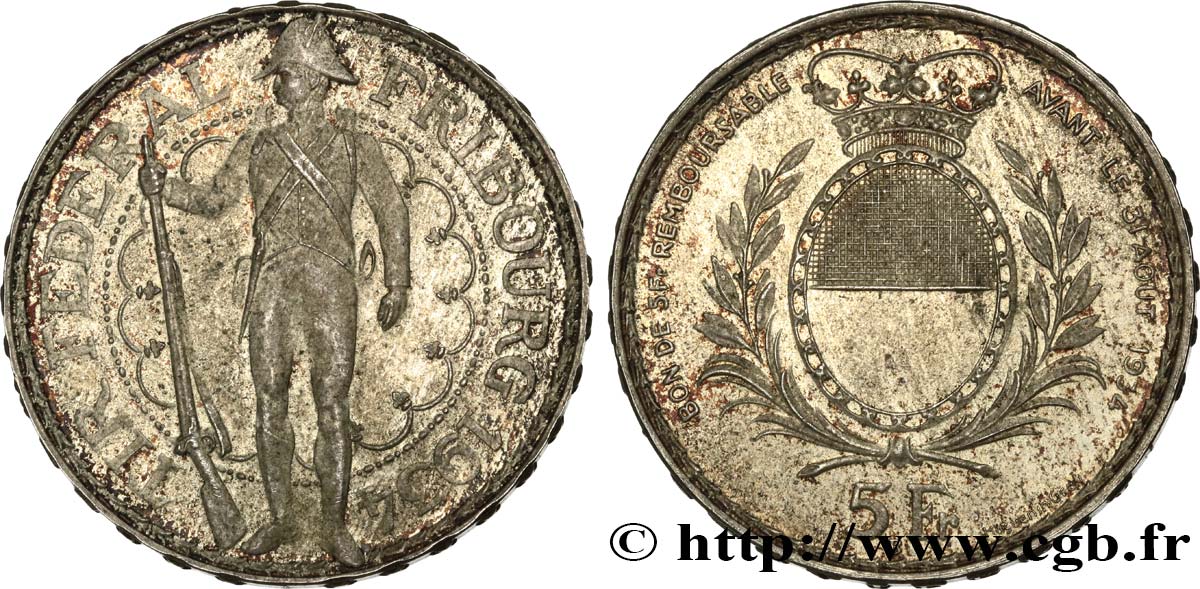 SVIZZERA  5 Francs, monnaie de Tir, Fribourg 1934 Le Locle q.SPL 