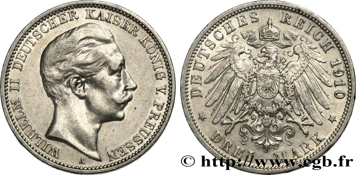GERMANIA - PRUSSIA 3 Mark Guillaume II 1910 Berlin q.SPL 