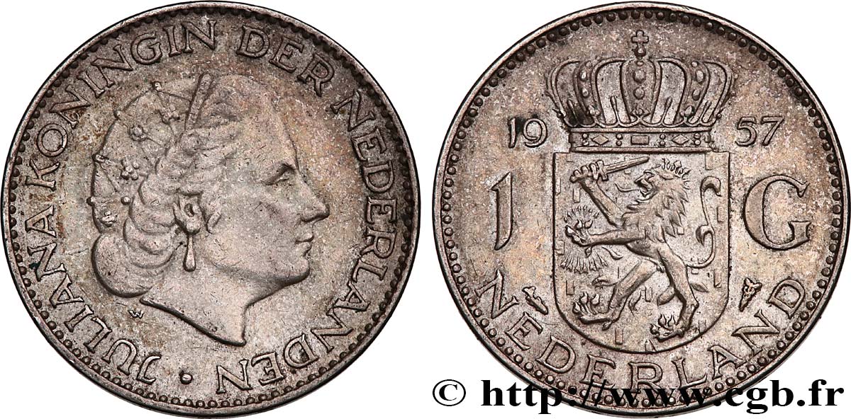 NIEDERLANDE 1 Gulden Juliana 1957  VZ 
