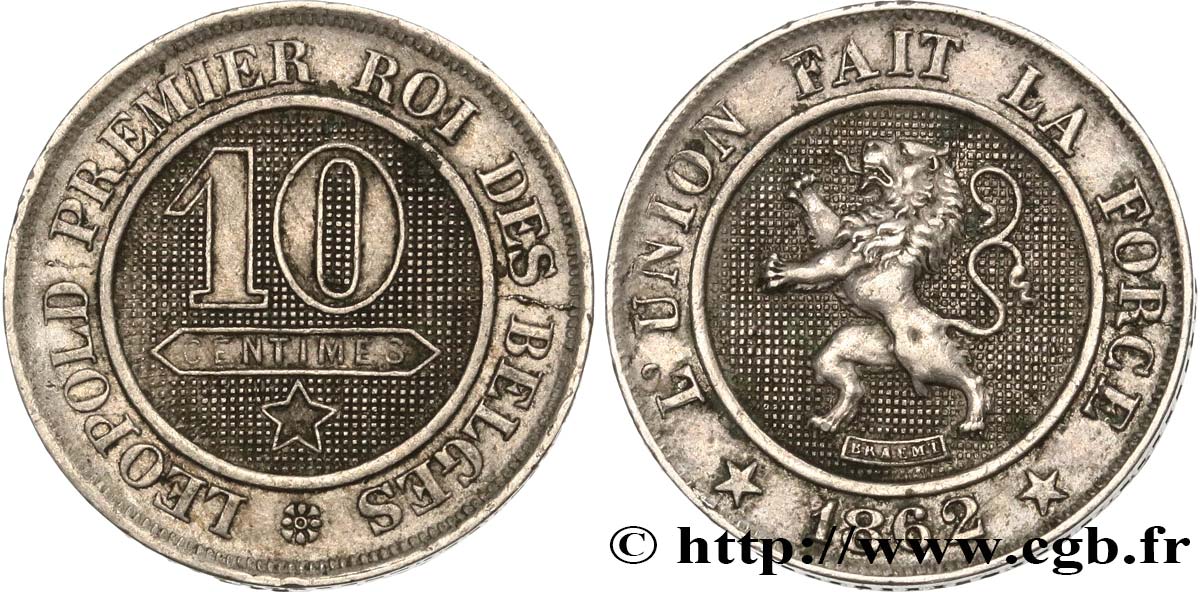 BELGIUM 10 Centimes lion 1862  XF 