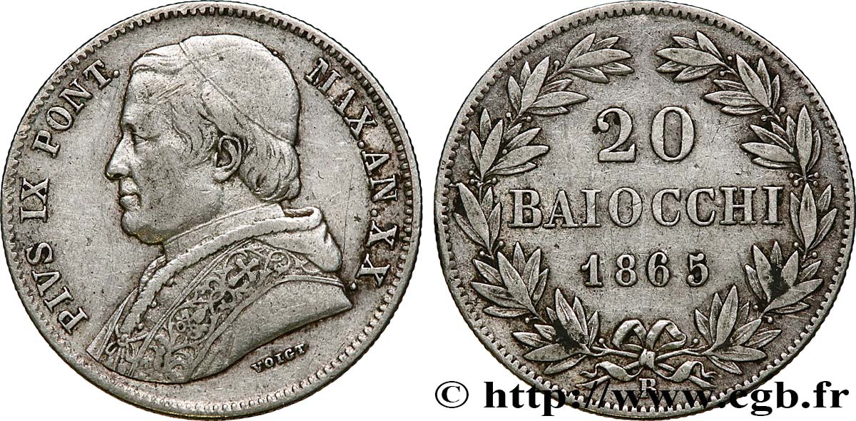 VATICAN ET ÉTATS PONTIFICAUX 20 Baiocchi Pie IX an XX 1865 Rome TB+ 