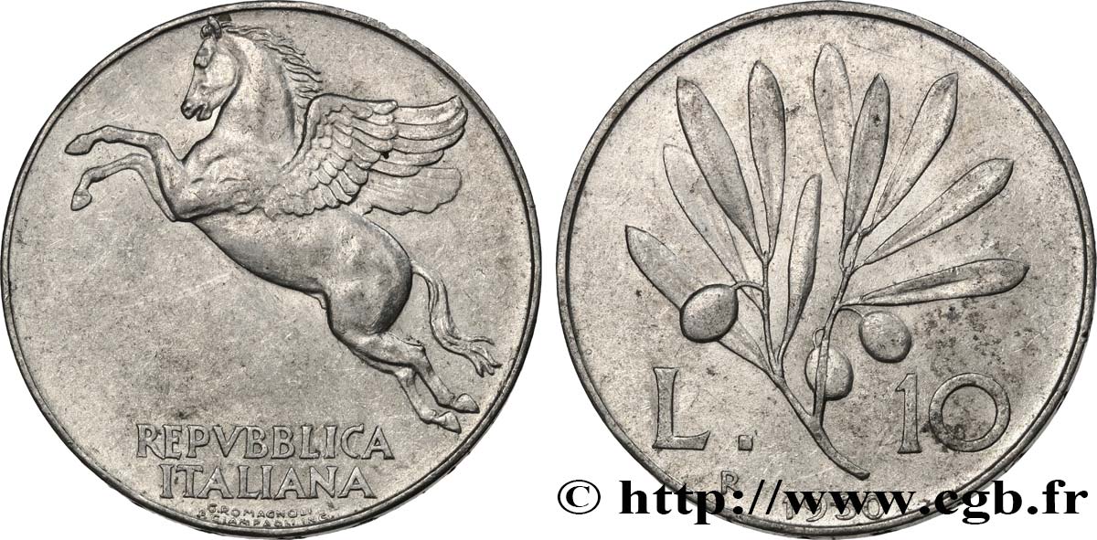 ITALIA 10 Lire Pégase / rameau d’olivier 1950 Rome EBC 