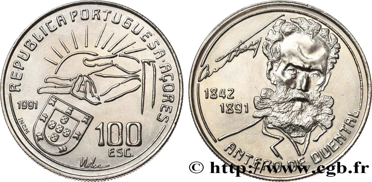 AÇORES 100 Escudos 100e anniversaire de la mort du poète Antero de Quental 1991  SUP 