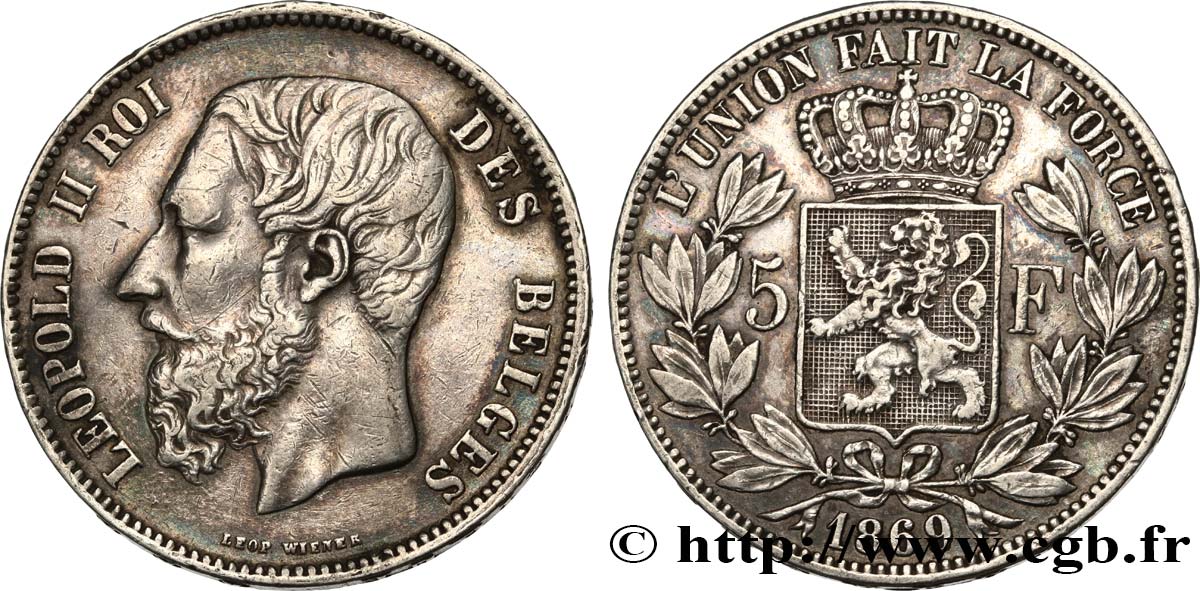 BELGIUM 5 Francs Léopold II 1869  XF 