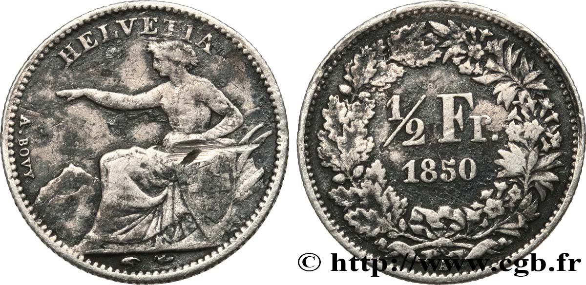 SWITZERLAND 1/2 Franc Helvetia 1850 Paris VF 