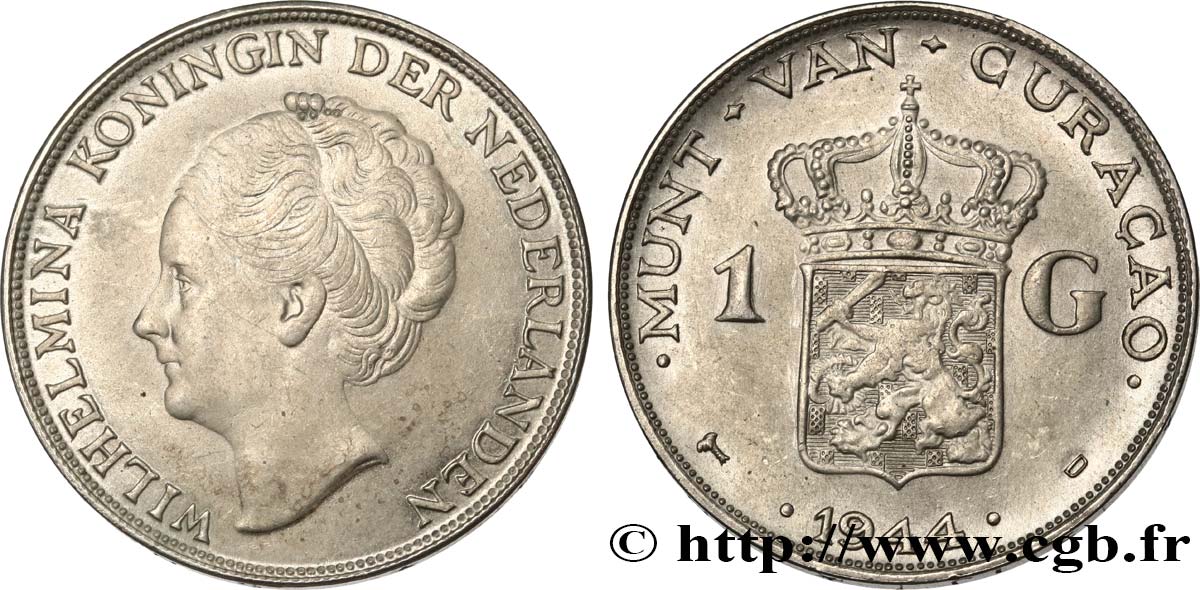 CURACAO 1 Gulden Wilhelmina 1944 Denver BB 