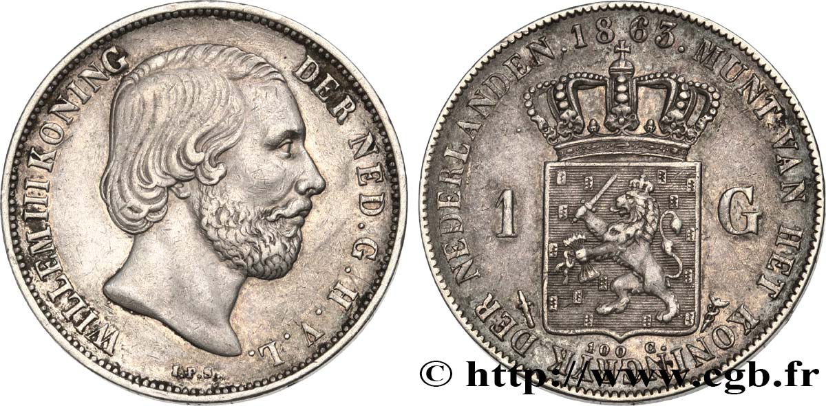 PAYS-BAS 1 Gulden Guillaume III 1863 Utrecht TTB+ 