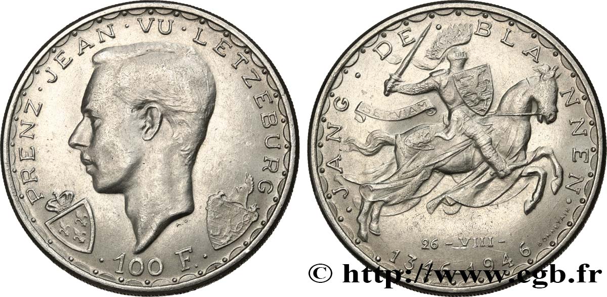 LUXEMBOURG 100 Francs prince Jean, 600e anniversaire de mort de Jean Ier de Luxembourg 1946  SUP 