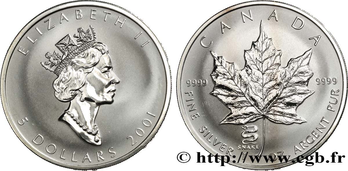 CANADá
 5 Dollars (1 once) Proof feuille d’érable 2001  FDC 