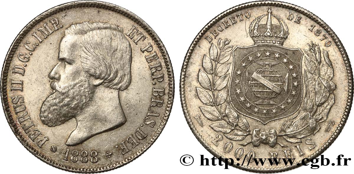 BRAZIL 2000 Reis Empereur Pierre II 1888  AU 