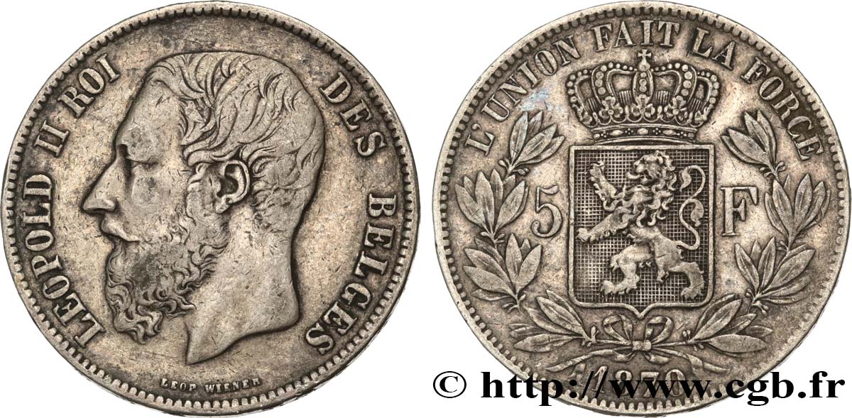 BELGIEN 5 Francs Léopold II 1870  fSS 