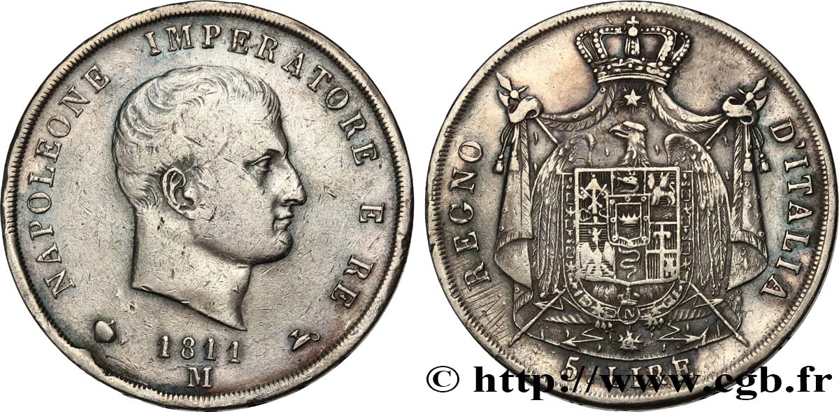 ITALIE - ROYAUME D ITALIE - NAPOLÉON Ier 5 Lire 1811 Milan TB+ 