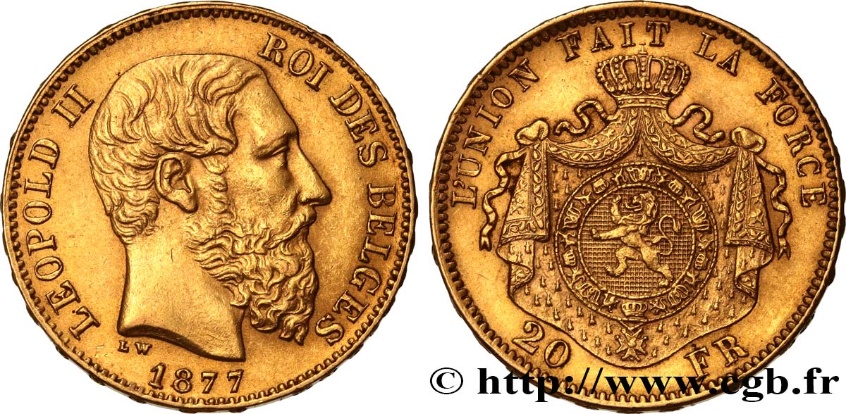 INVESTMENT GOLD 20 Francs Léopold II 1877 Bruxelles EBC 