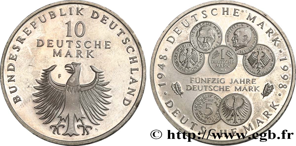 GERMANIA 10 Mark Proof 50e anniversaire de la création du Deutsche Mark 1998 Stuttgart MS 