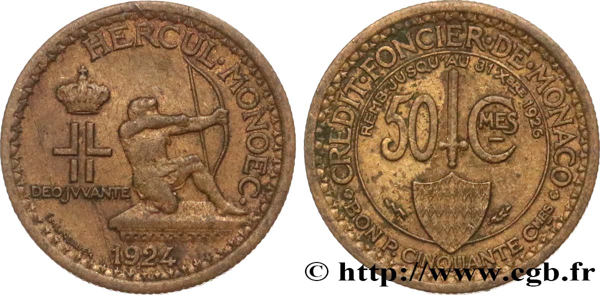 MONACO 50 Centimes émission du Crédit Foncier de Monaco 1924 Poissy TTB 