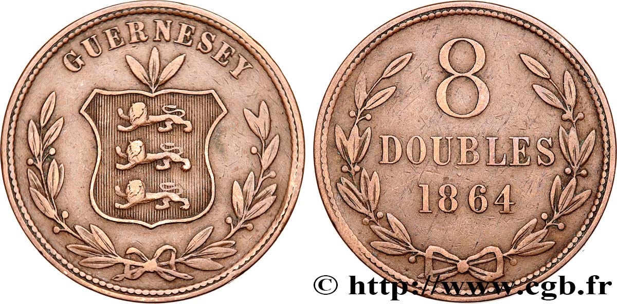 GUERNESEY 8 Doubles armes du baillage de Guernesey 1864 Heaton TTB 