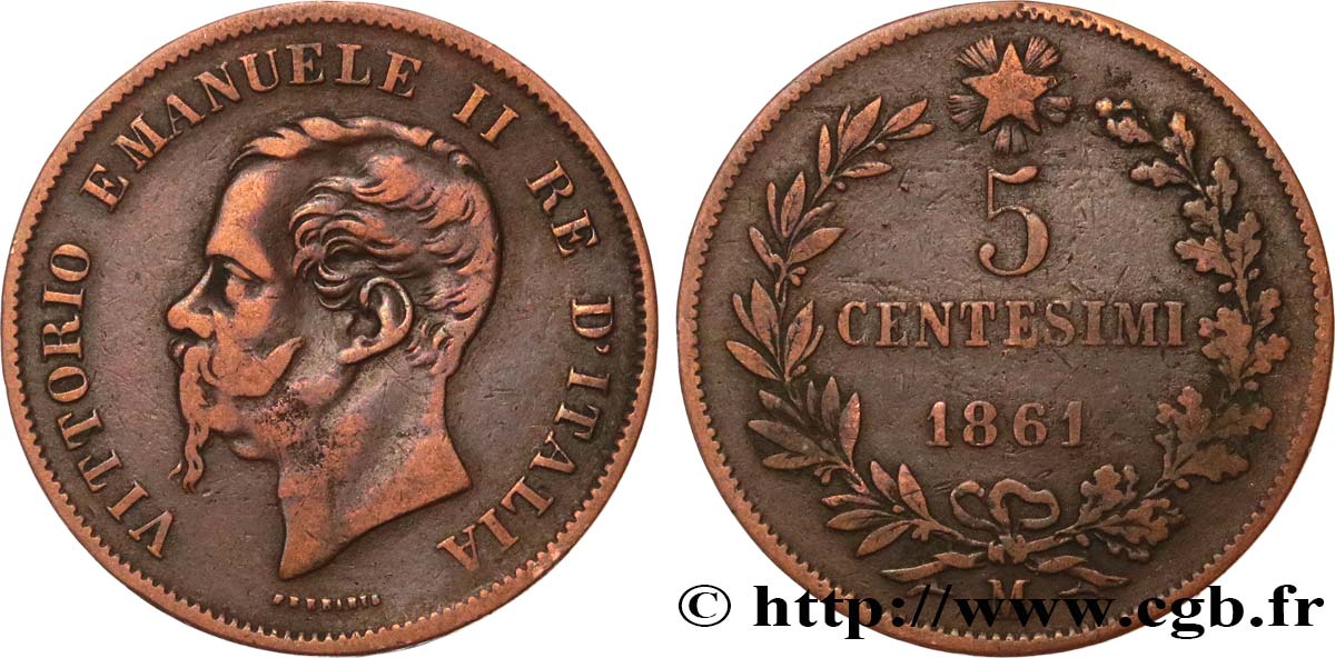 ITALIE 5 Centesimi Victor Emmanuel II 1861 Milan TB+ 