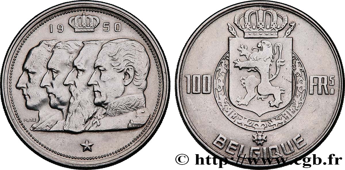 BELGIQUE 100 Francs portraits des quatre rois de Belgique, légende française 1950  TTB 