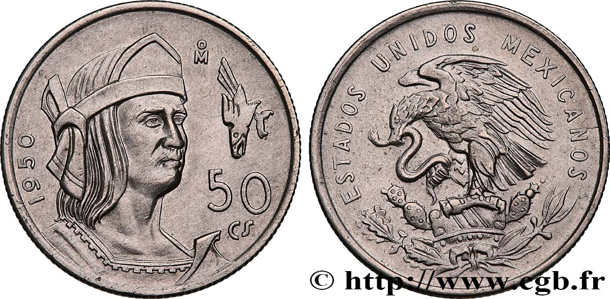 MEXIQUE 50 Centavos aigle / l’empereur Cuauhtémoc 1950 Mexico SUP 