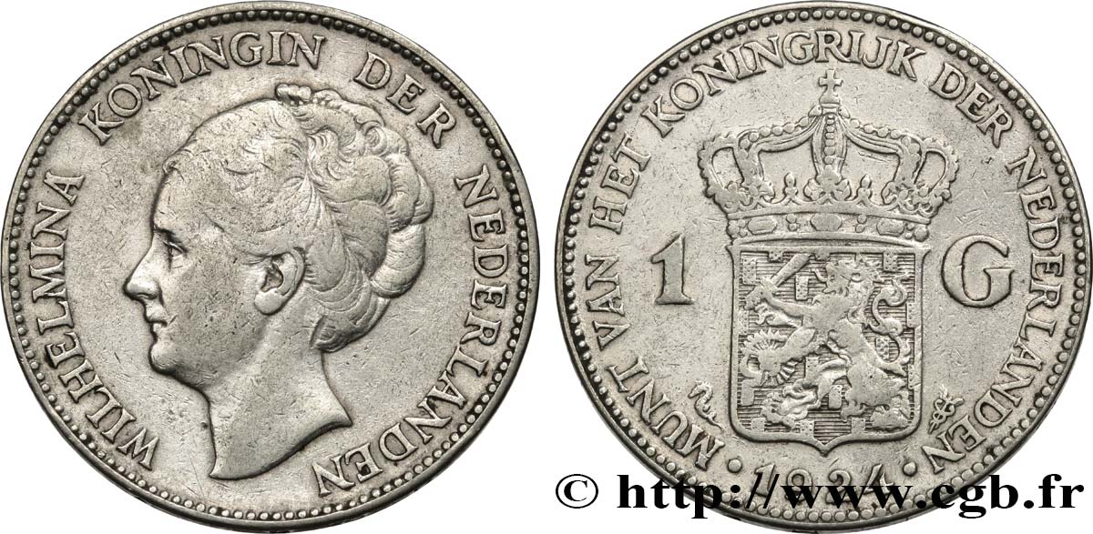 NETHERLANDS 1 Gulden Wilhelmina 1924  VF 