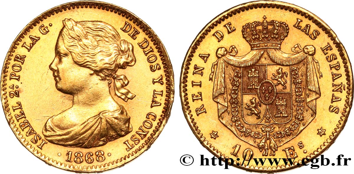 SPANIEN 10 Escudos Isabelle II 1868 Madrid VZ 