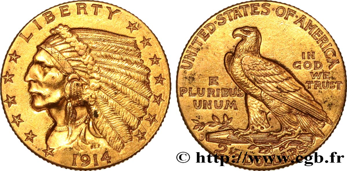 ÉTATS-UNIS D AMÉRIQUE 2 1/2 Dollars or (Quarter Eagle) type “tête d’indien”  1914 Denver TTB+ 