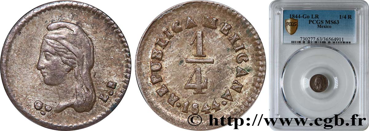 MEXICO - REPUBLIC 1/4 Real 1844 Guanajuato MS63 PCGS