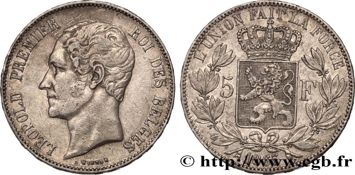 BELGIQUE 5 Francs Léopold Ier tête nue 1865  TTB/TTB+ 