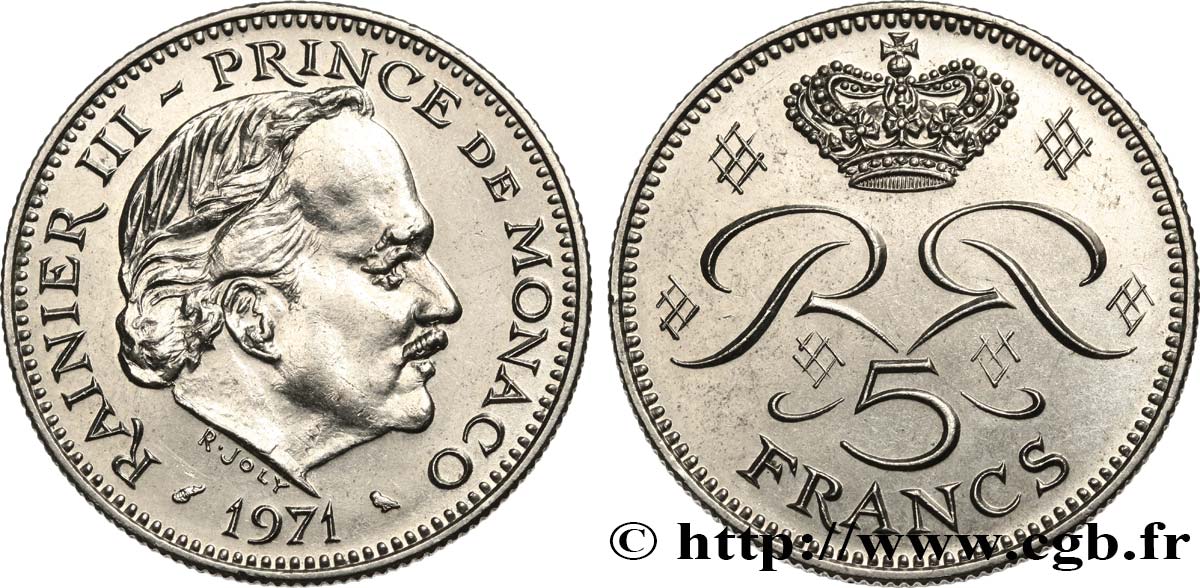 MONACO 5 Francs Rainier III 1971 Paris fST 