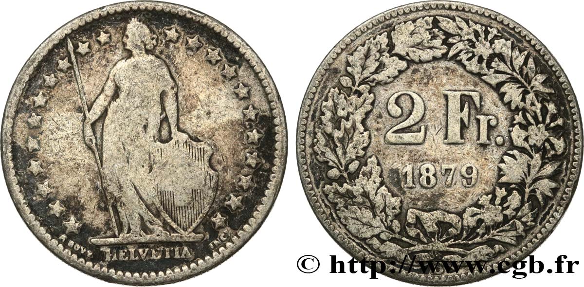 SUISSE 2 Francs Helvetia 1879 Berne TB 