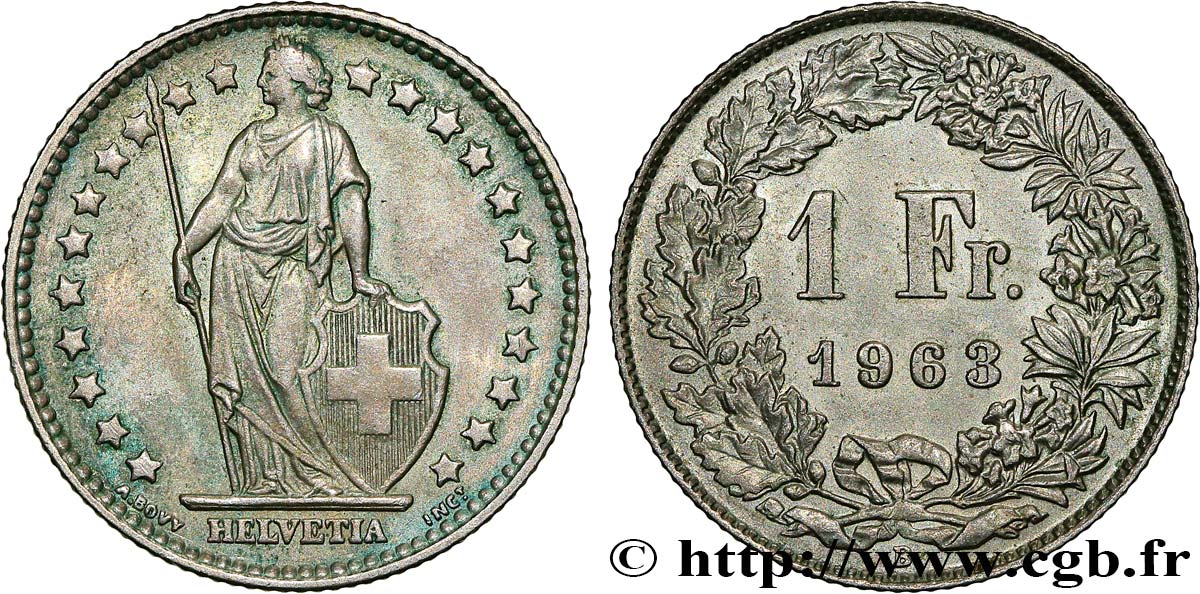 SUIZA 1 Franc Helvetia 1963 Berne - B EBC 