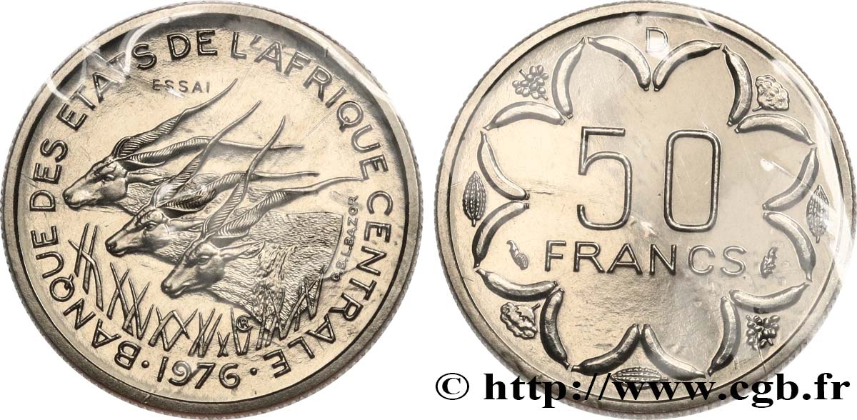 ZENTRALAFRIKANISCHE LÄNDER Essai de 50 Francs antilopes lettre ‘D’ Gabon 1976 Paris ST 