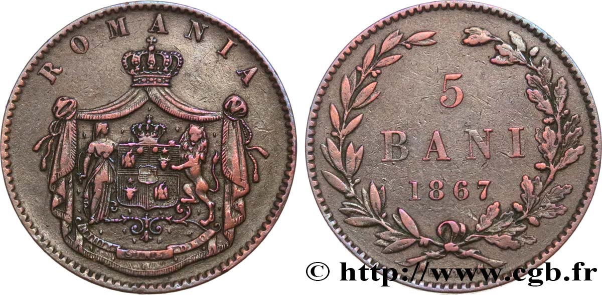 ROMANIA 5 Bani 1867 Heaton XF 