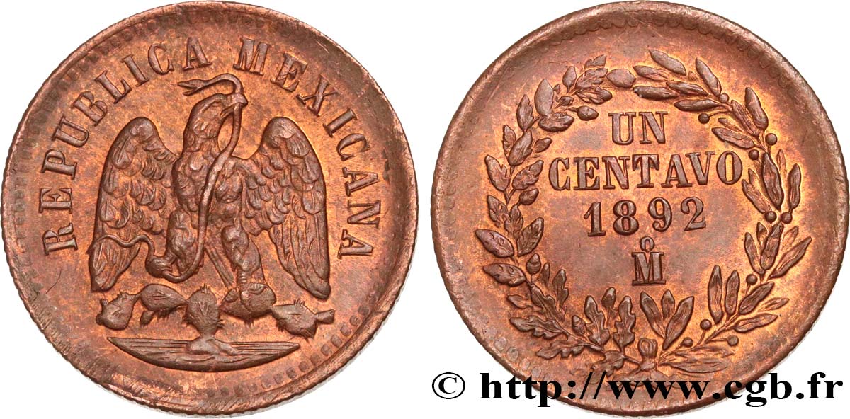 MEXICO 1 Centavo 1892 Mexico AU 